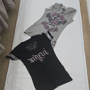 Bundle Of 2 Afliction Cross And Sinful Black and Gray T-Shirts One Xs, Other M